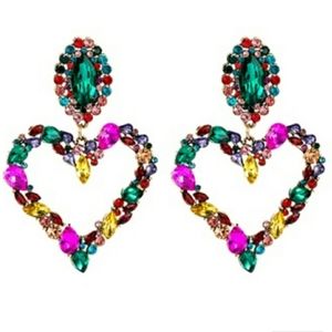 Rhinestone Heart Statement Earrings - Multi-color